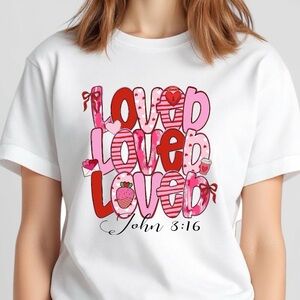 Valentine’s T-shirt loved 3 times with a message of faith S M L XL white new